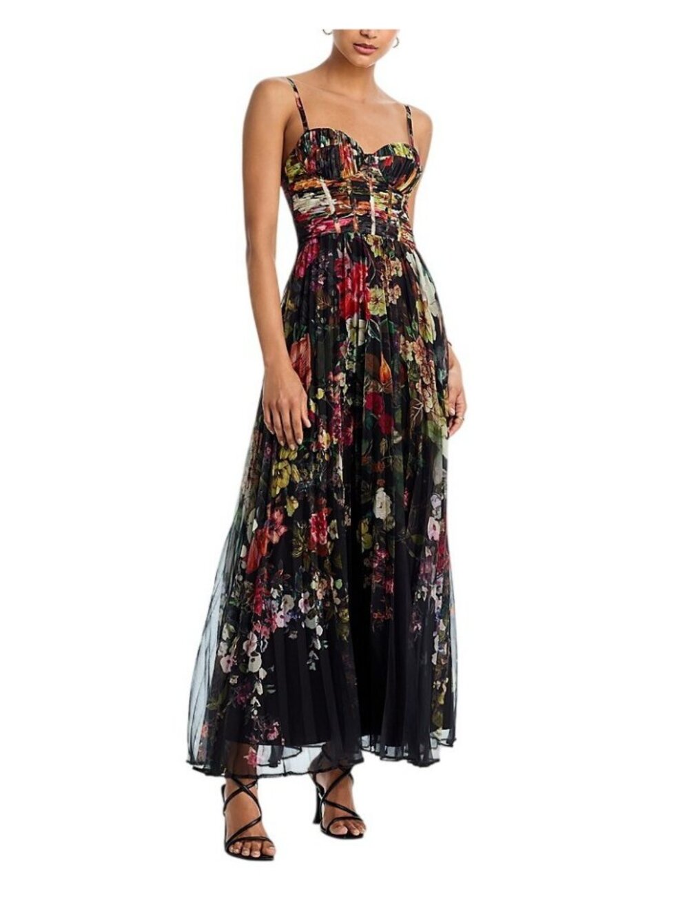 NWT Aqua Pleated Floral Maxi Dress IDM12073 Black Multi L